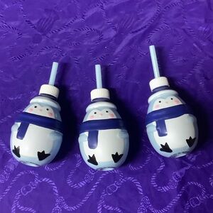 3 Snowman Blue Penguin Shaped Drink Bottles with Straws